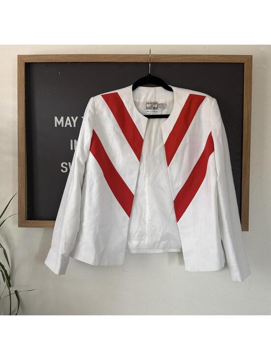 Jackets & Blazers - White Red Chevron Blazer Jacket Plum Tree Womens 9/10 Vintage Retro Chic